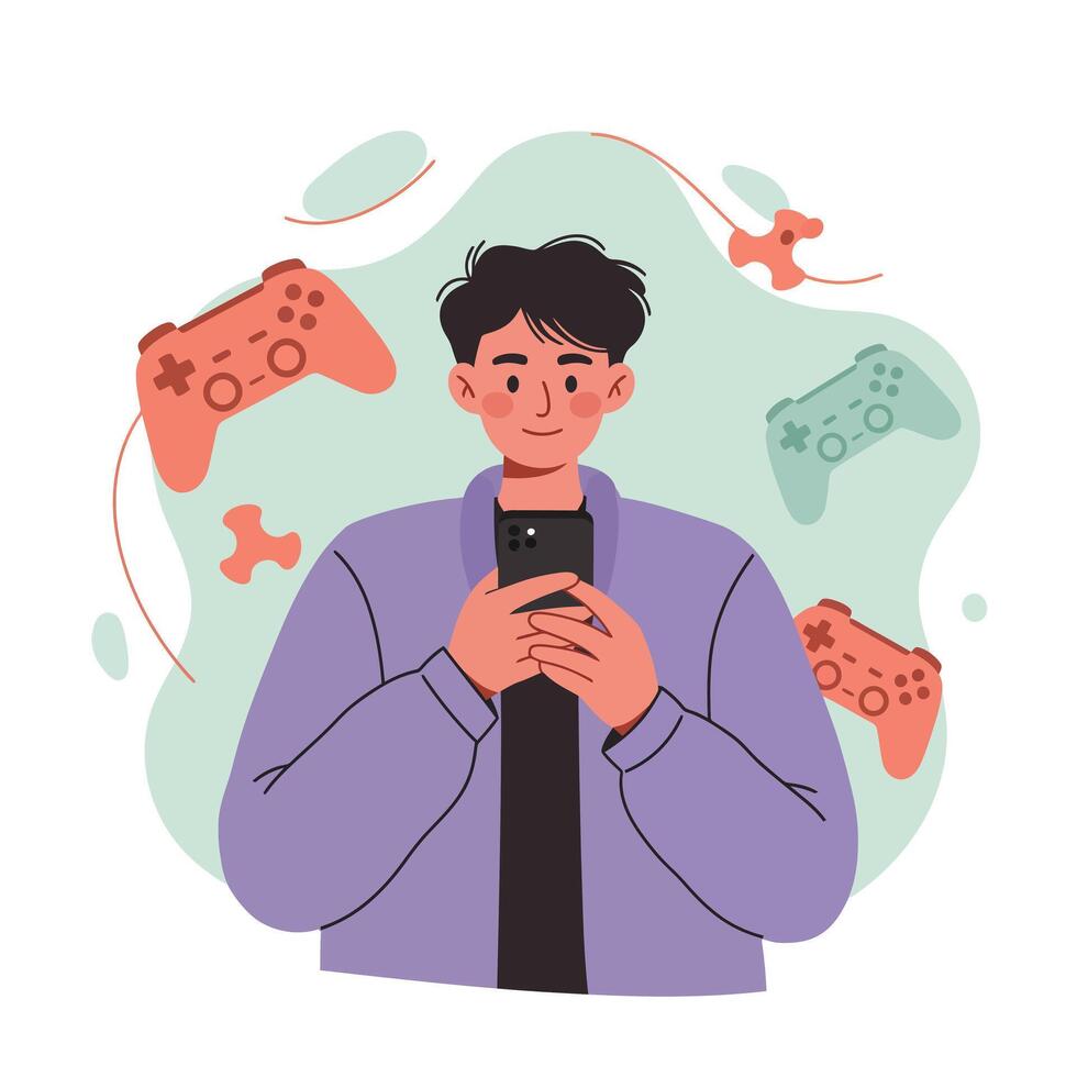 Young man playing mobile phone game with red and green game controllers illustration vector