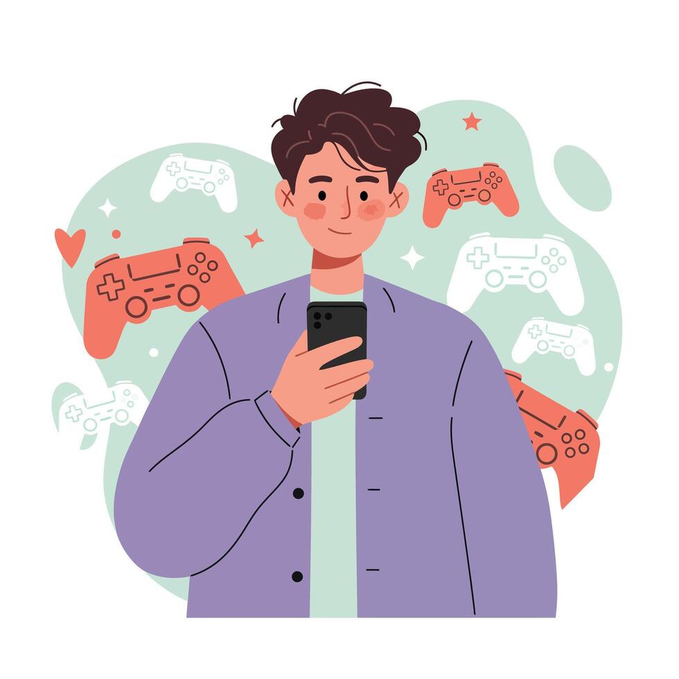 Young man holding smartphone with colorful game controllers floating around in illustration vector