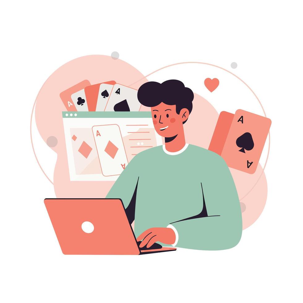 Young man playing online poker on laptop with playing cards around in digital gambling concept vector
