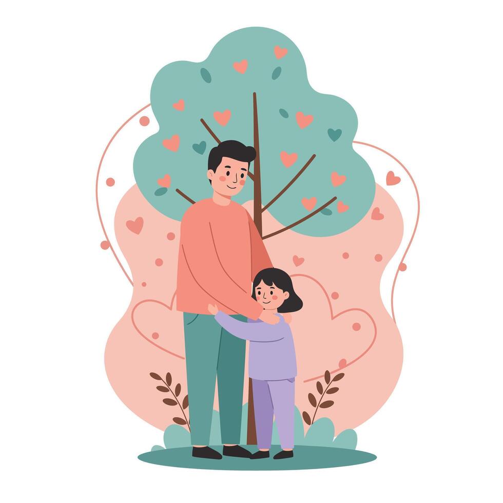 Father and daughter hugging under green tree with heart shapes love and care illustration vector