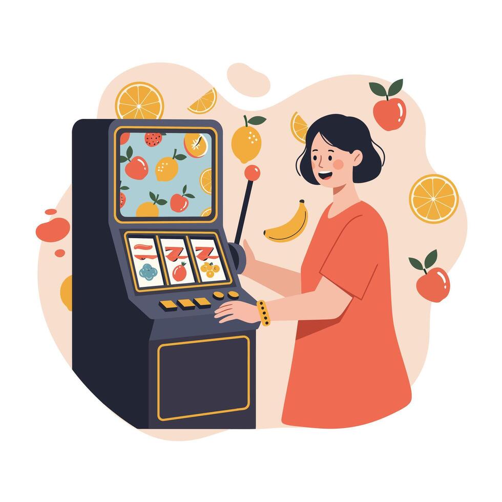 Woman Playing Fruit Themed Slot Machine Casino Game Entertainment Fun and Luck Illustration vector