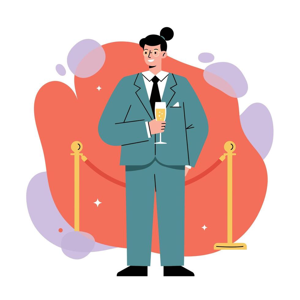 Man in formal suit holding champagne glass celebrating at upscale party or event illustration vector