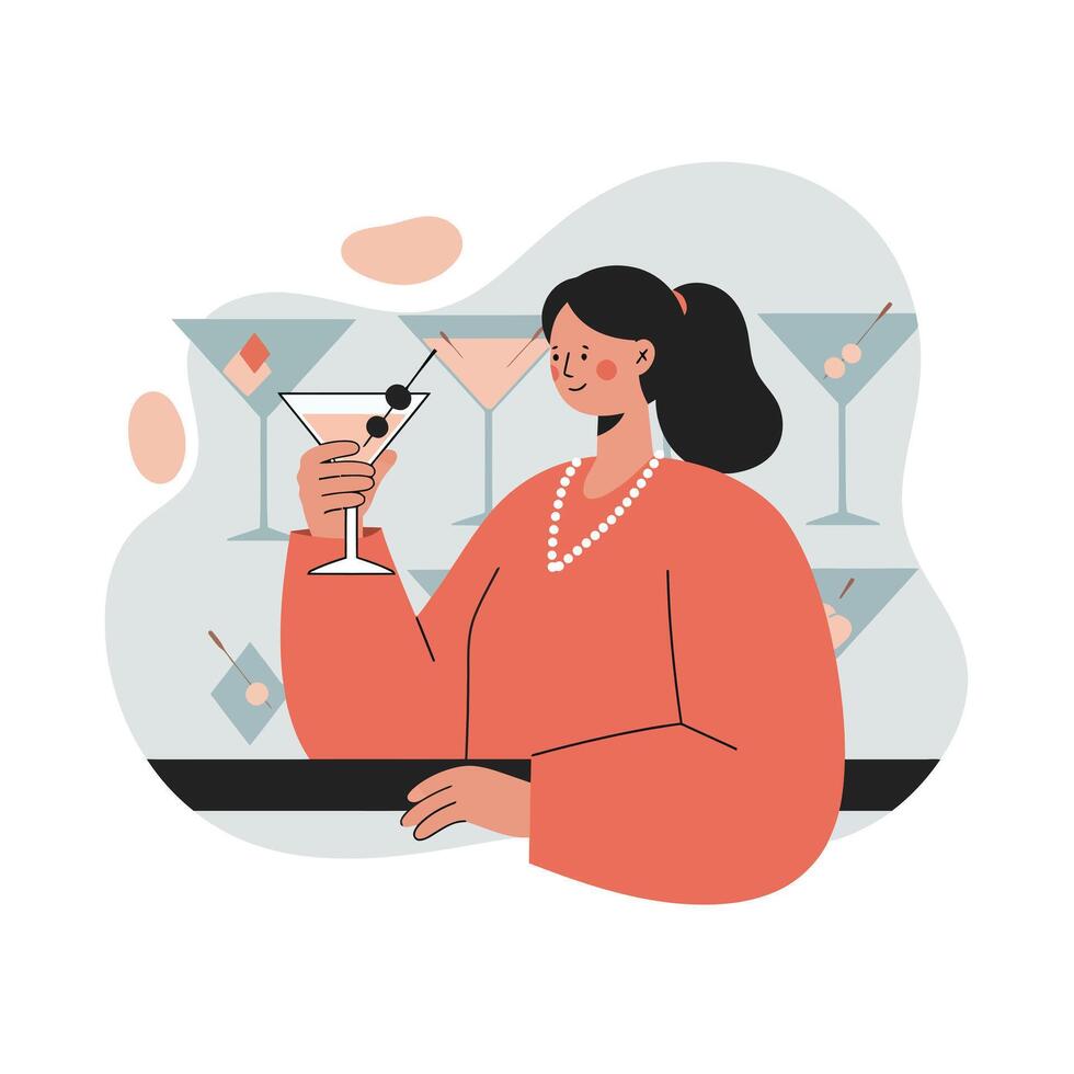 Woman enjoying cocktail drink at bar counter in stylish casual outfit with pearl necklace illustration vector