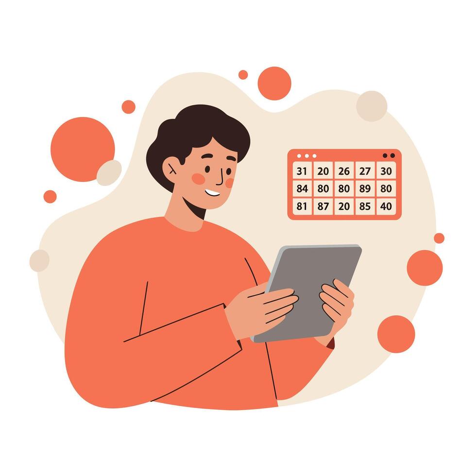 Man playing bingo on tablet with bingo card numbers in background illustration design vector