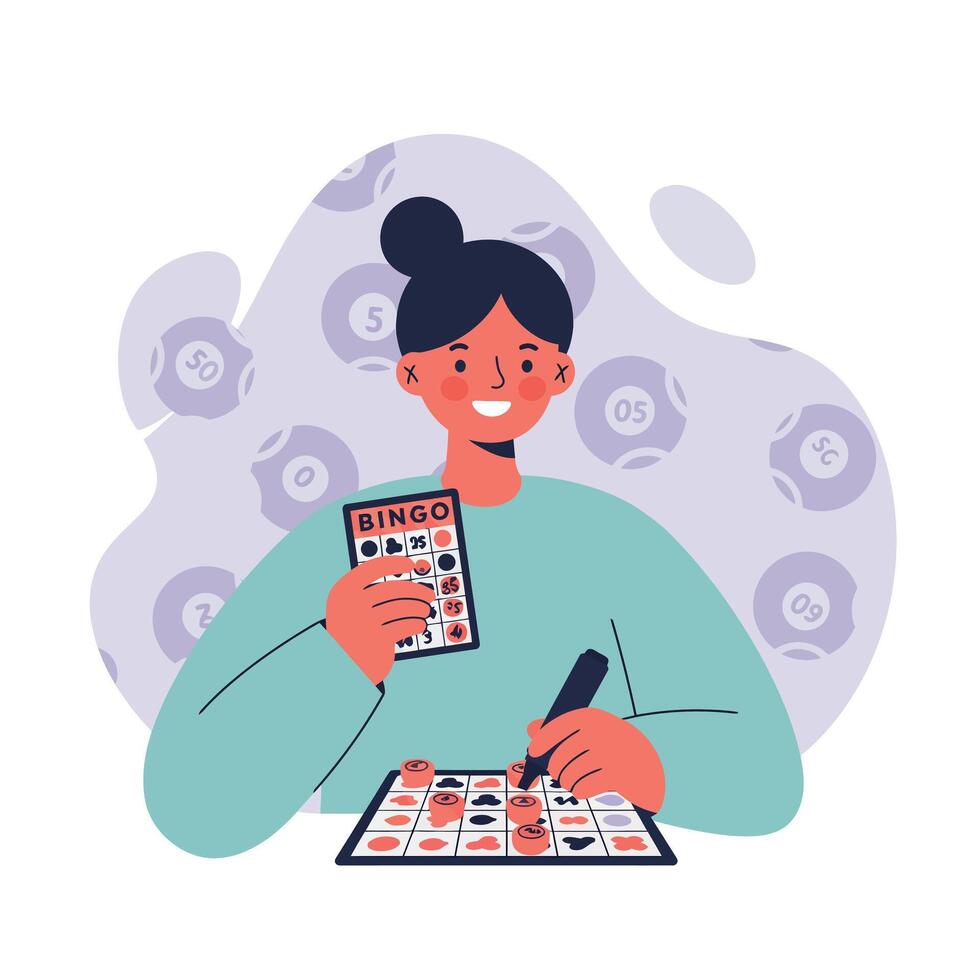 Woman playing bingo game with card and marker in casual setting illustration vector