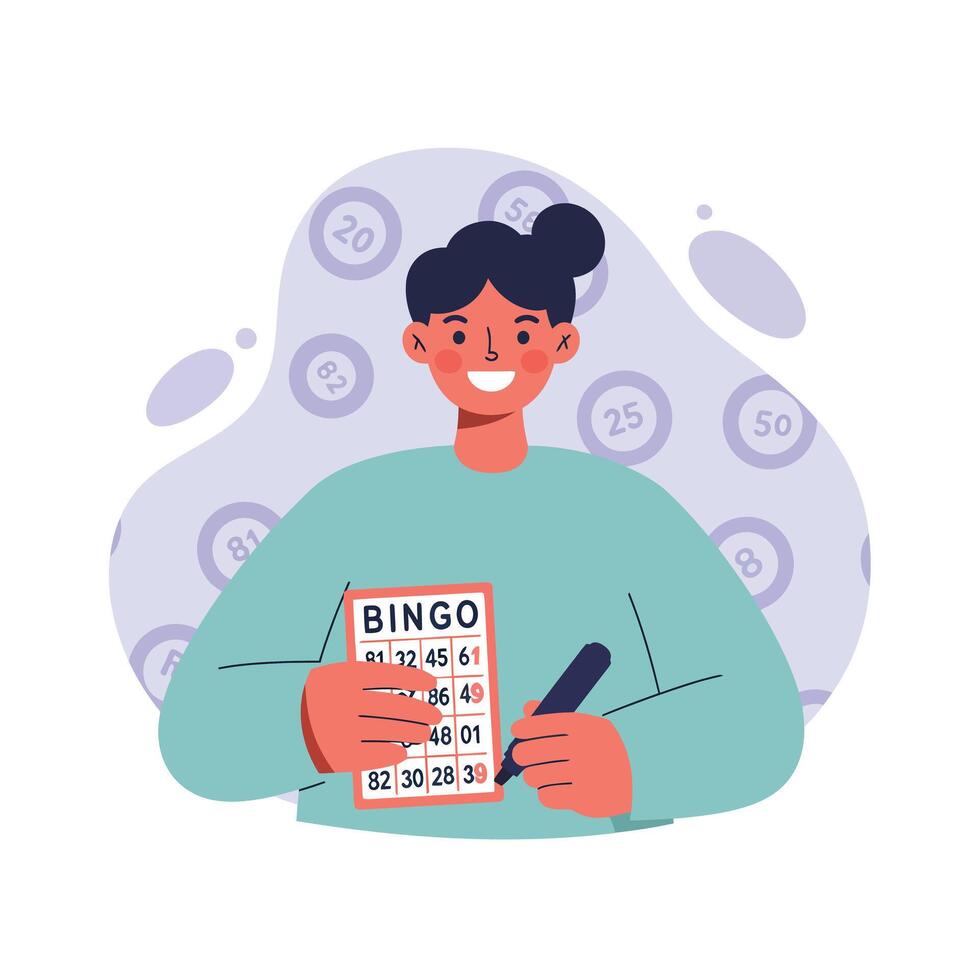 Woman playing bingo holding card and marker with happy expression in casual green sweater vector