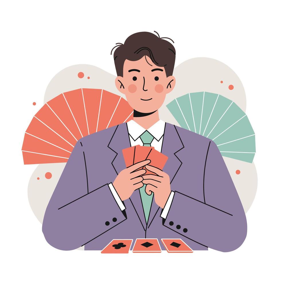 Man in Suit Playing Card Game Holding Cards in Hand with Fans in Background Illustration vector