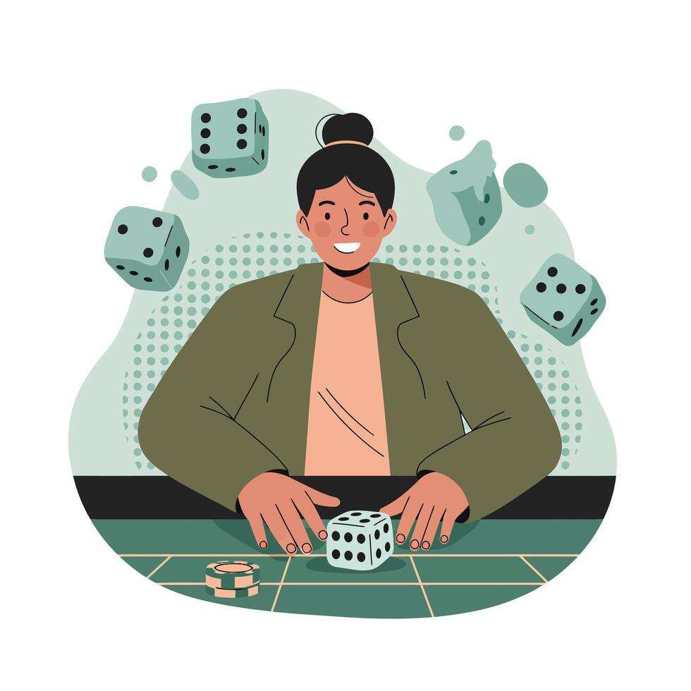 Woman playing dice game with green dice and chips on table in casual jacket smiling happily vector