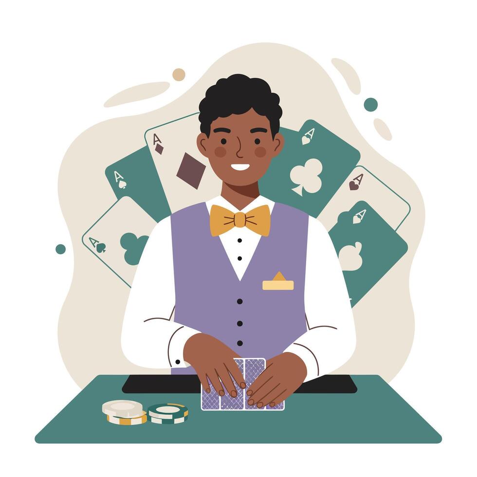 Casino dealer playing poker cards with ace cards and chips in a casino environment illustration vector