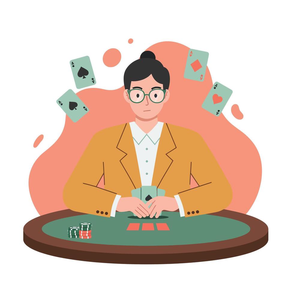 Poker player sitting at green table holding cards with flying playing cards and chips illustration vector
