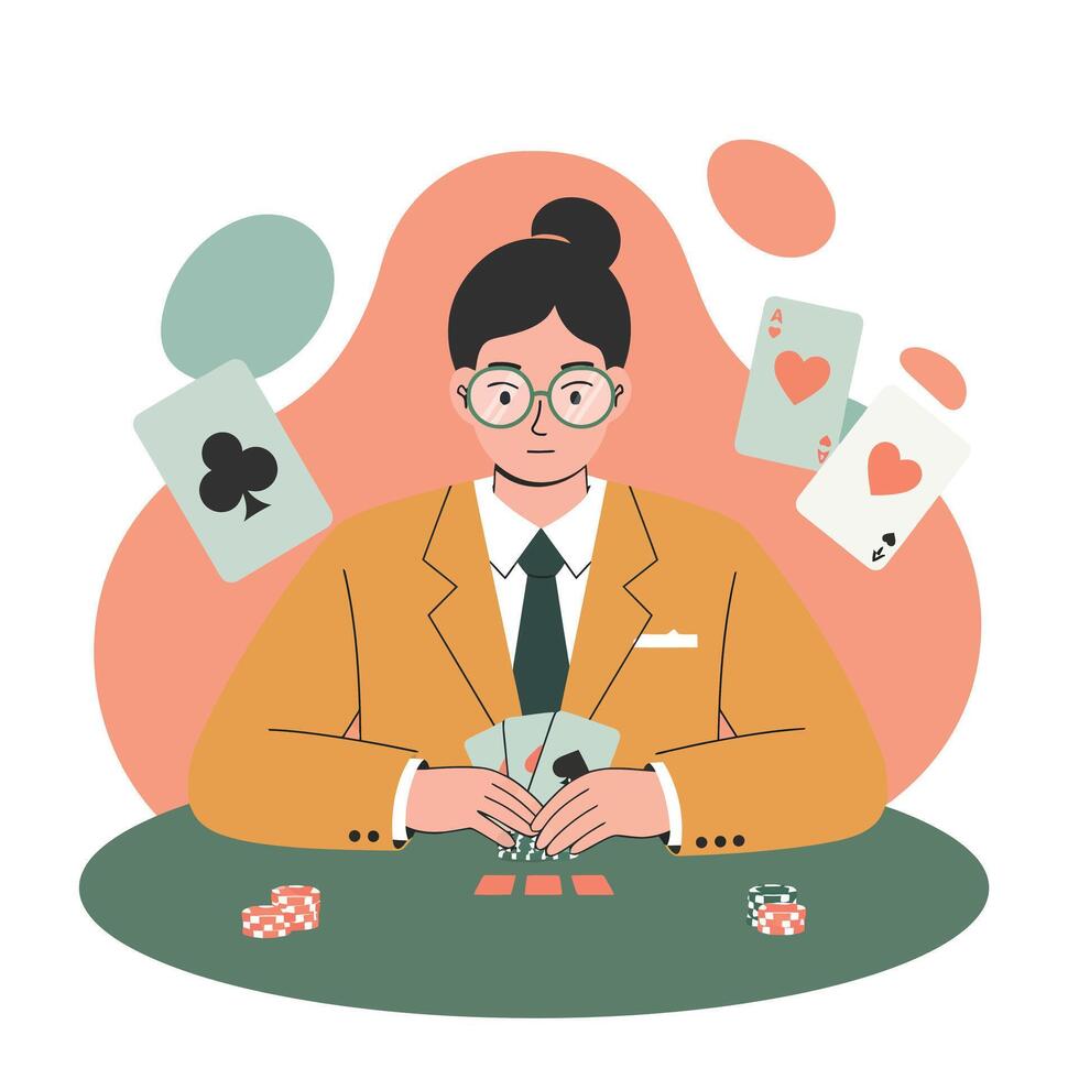 Woman playing poker card game with orange jacket and green tie in casual indoor setting illustration vector