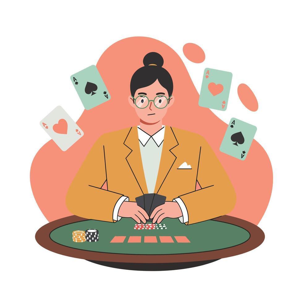 Woman playing poker card game with chips and cards on table illustration in orange and green color scheme vector