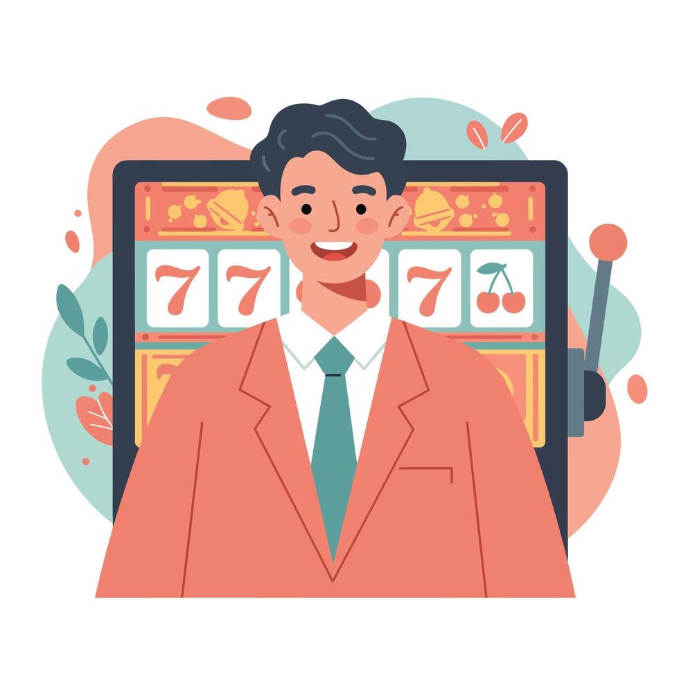 Man wearing suit standing in front of slot machine winning jackpot with sevens and cherries illustration vector