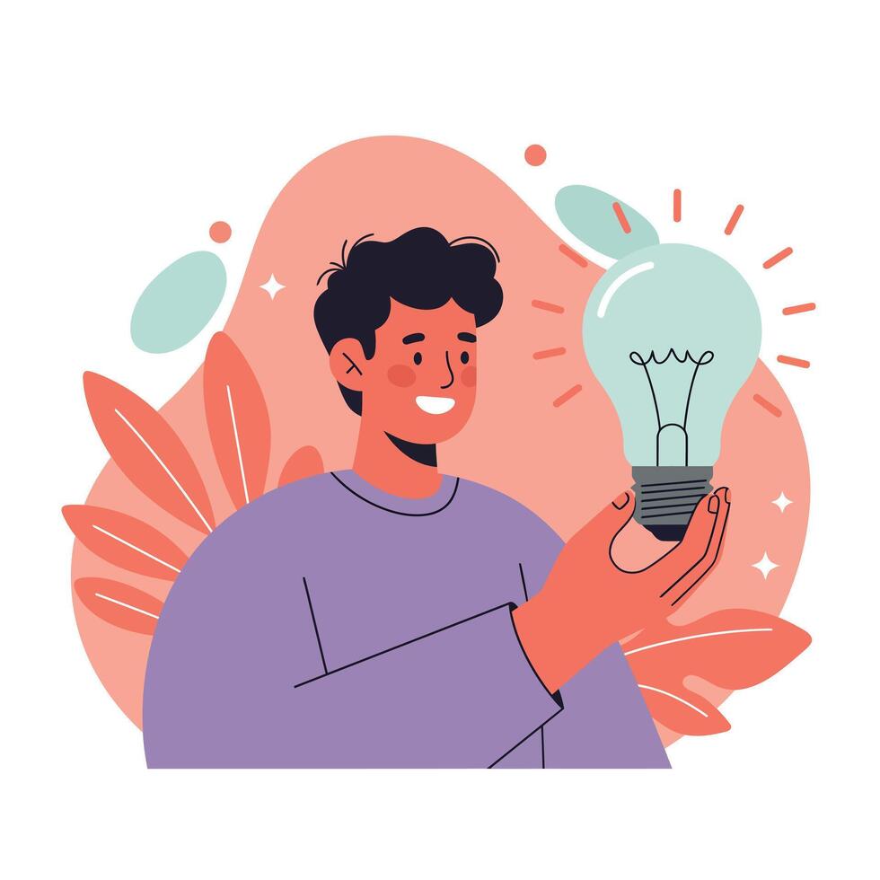 Man holding glowing light bulb symbolizing idea and creativity with abstract background illustration vector