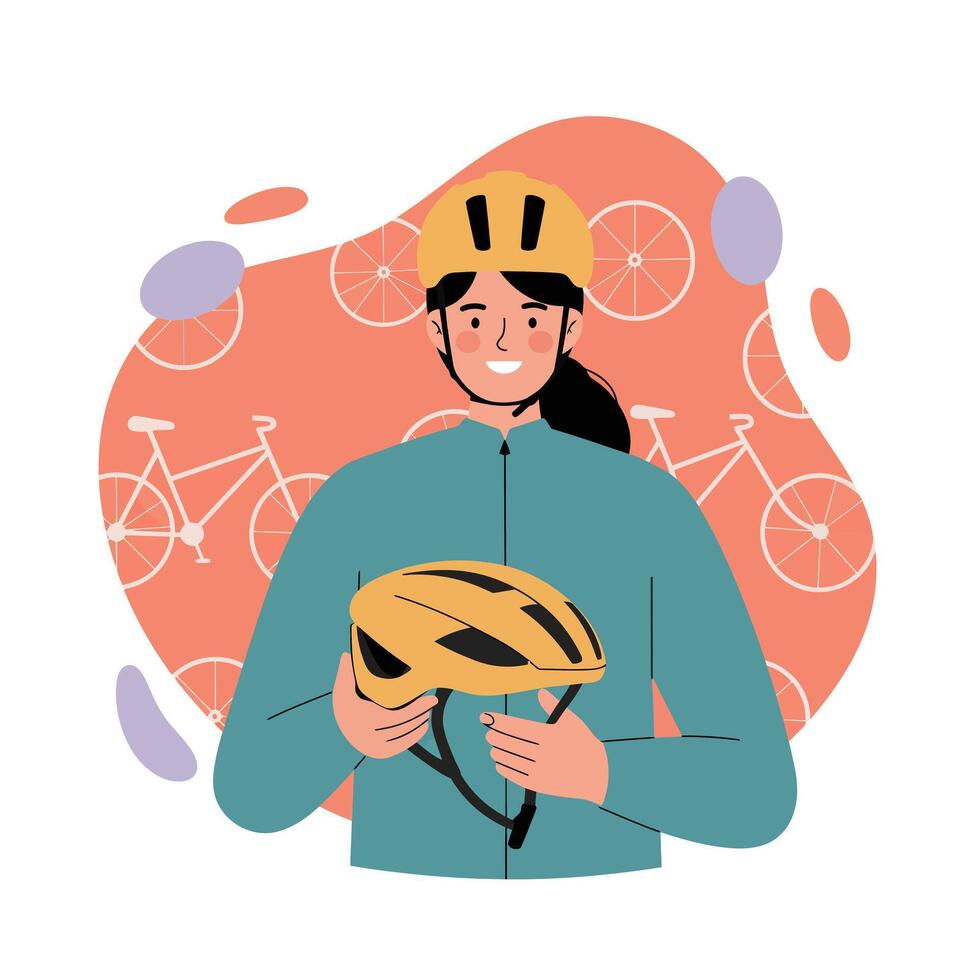 Woman holding bicycle helmet with safety gear and cycling background illustration vector