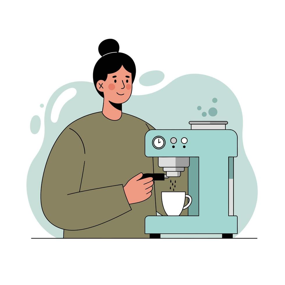 Woman using coffee machine preparing hot beverage in casual setting illustration vector