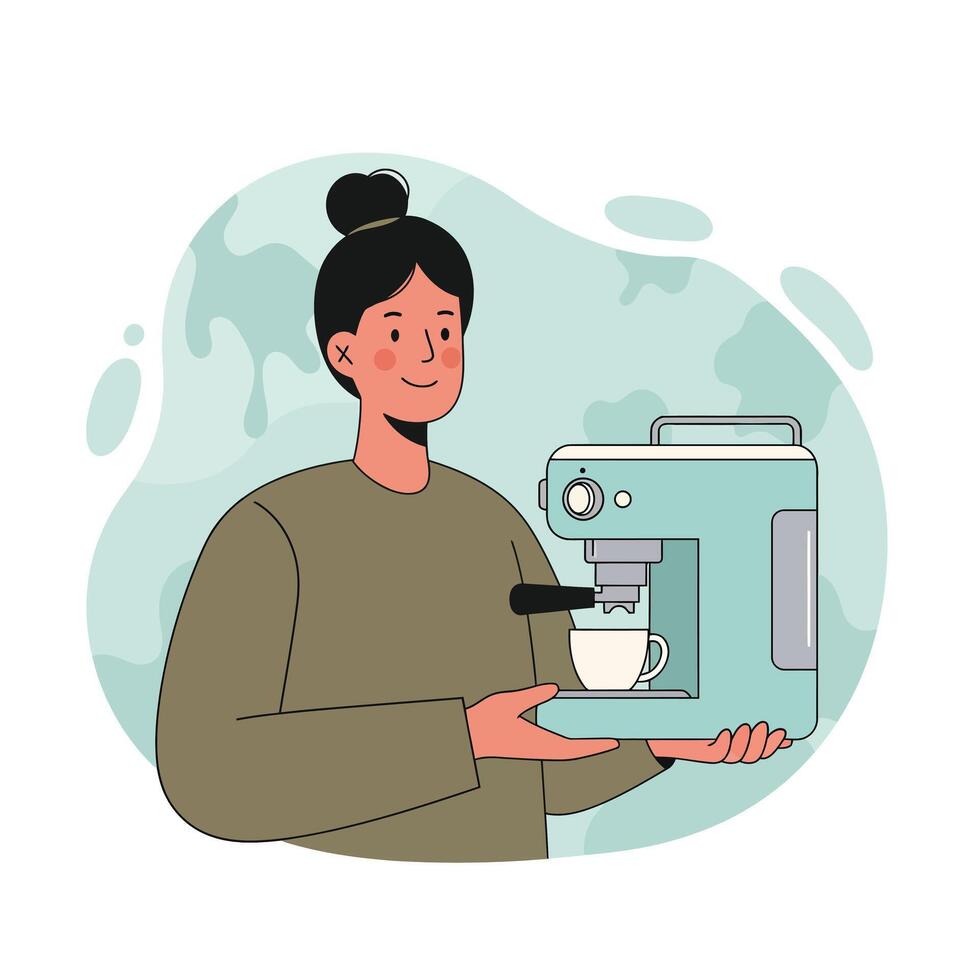 Woman making coffee with espresso machine holding cup and saucer illustration in casual style vector