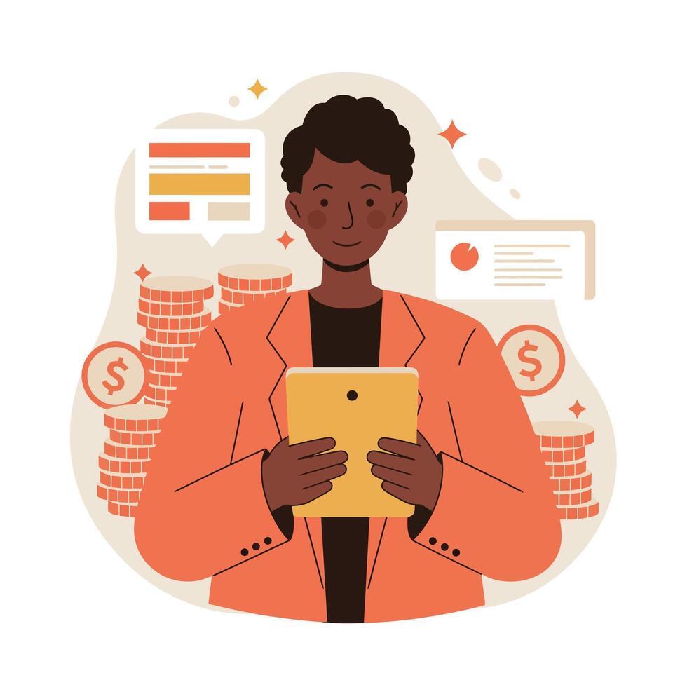 Businessperson analyzing financial data with tablet surrounded by money and charts for modern finance concepts vector