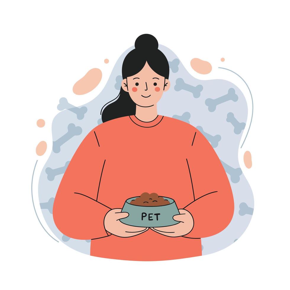 Woman holding pet food bowl with bones background in simple style illustration vector