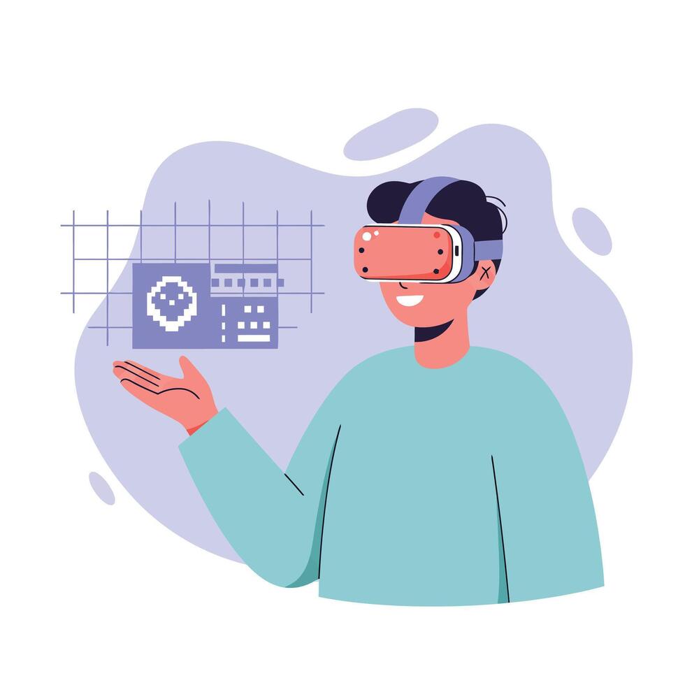 Person wearing virtual reality headset exploring digital interface in futuristic technology environment vector