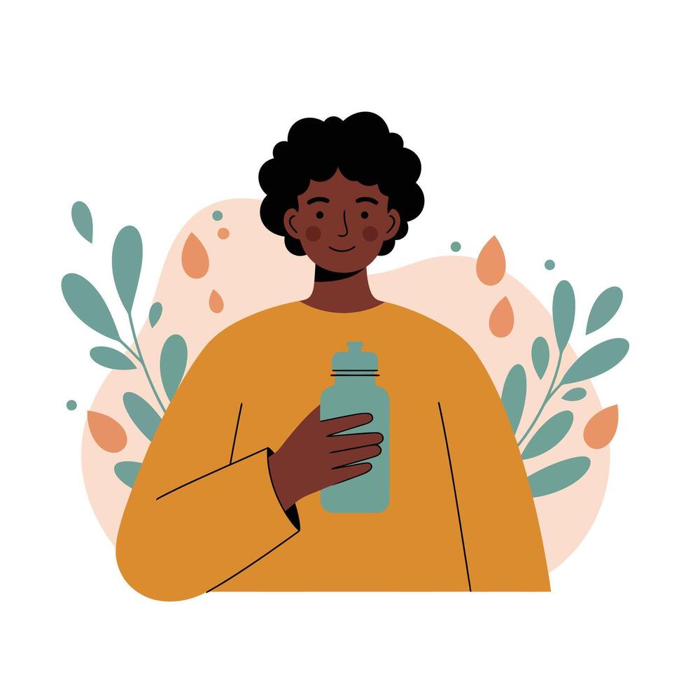 Person holding water bottle with abstract leaf background in warm colors illustration vector