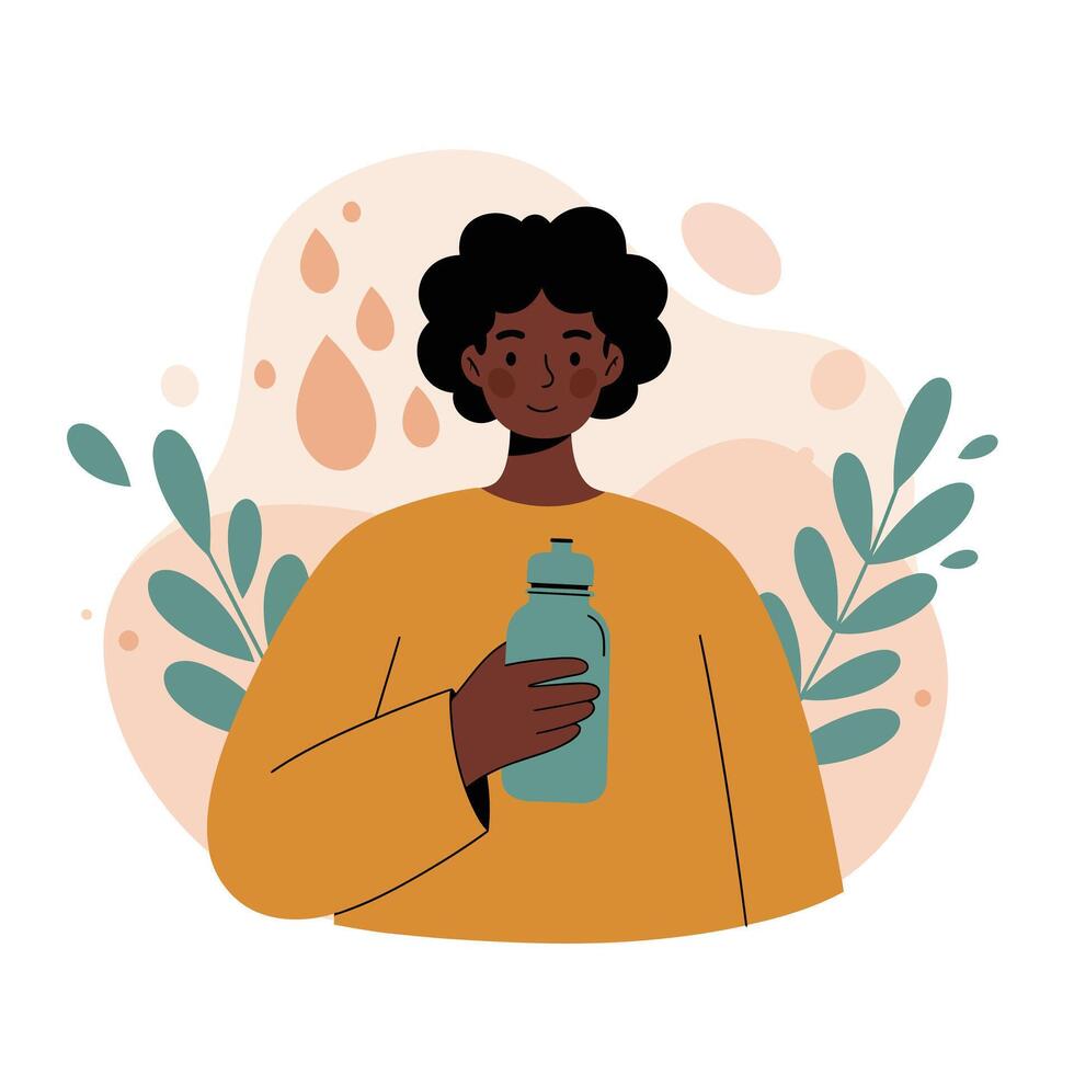 Person holding reusable water bottle with abstract natural background and green leaves illustration vector
