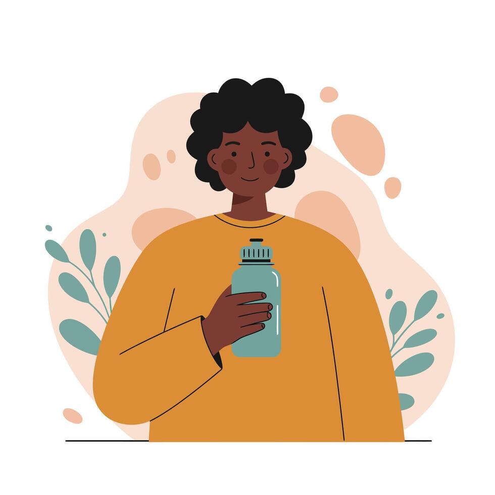 Person holding a water bottle with abstract background and green leaves in warm tones illustration vector