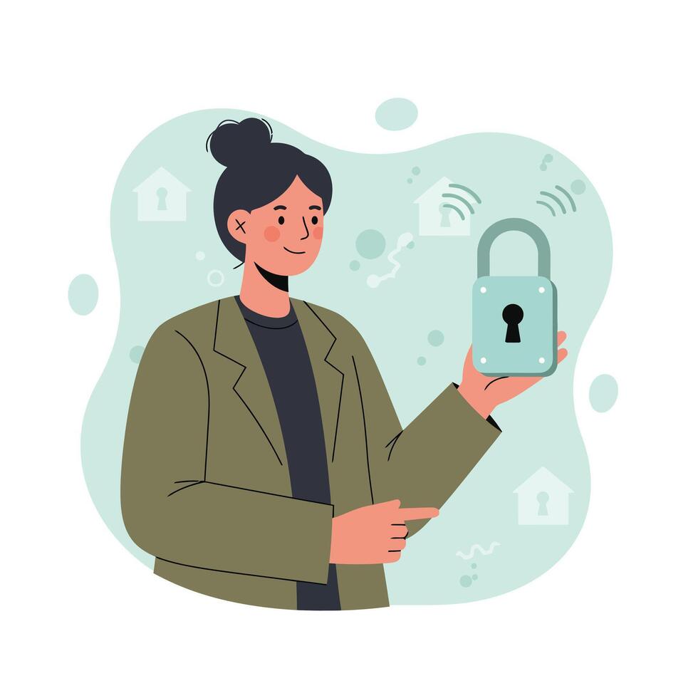 Woman holding padlock symbolizing online security and data protection in digital technology illustration vector