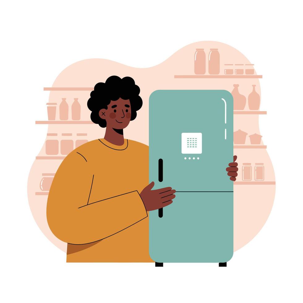 Man holding teal refrigerator in kitchen with shelves and jars illustration vector