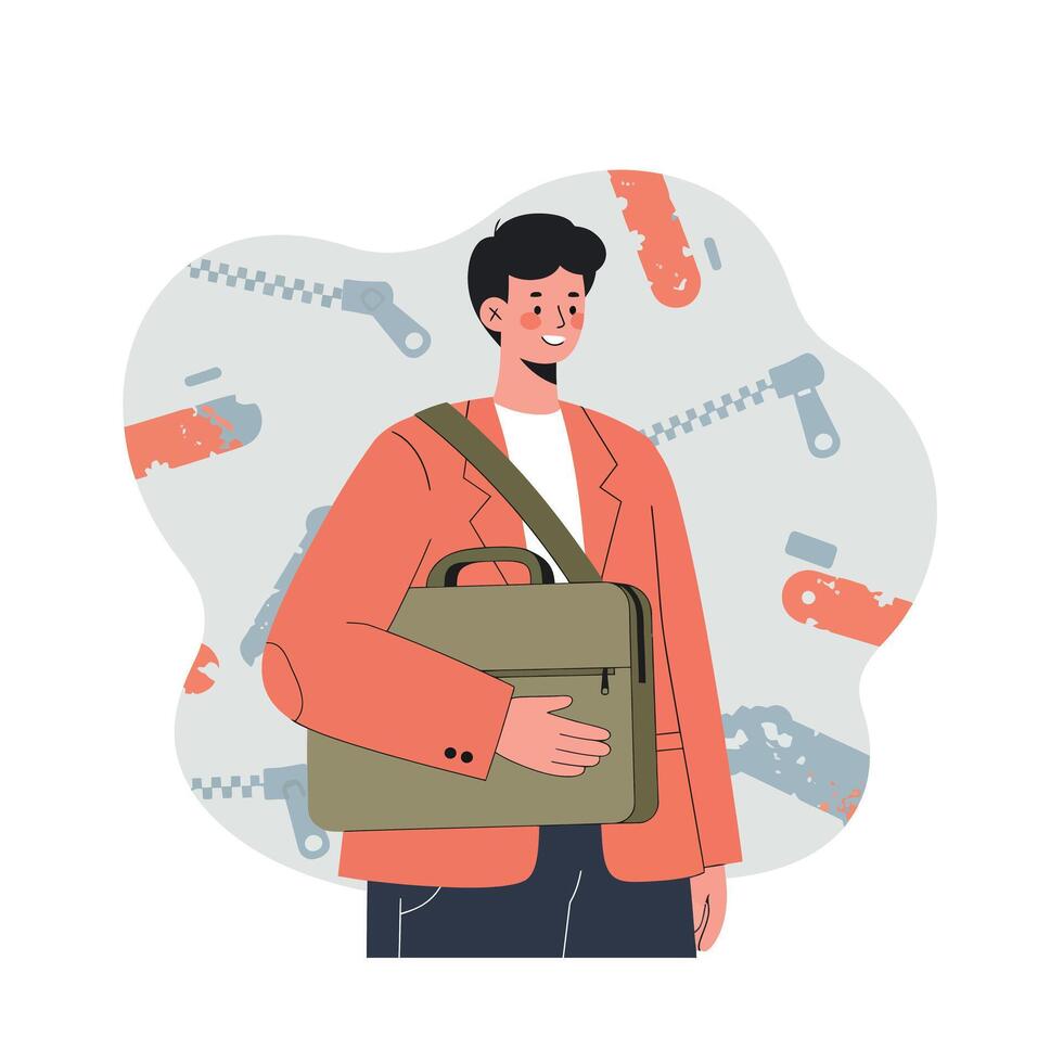 Young man carrying bag with zipper pattern background casual style illustration vector