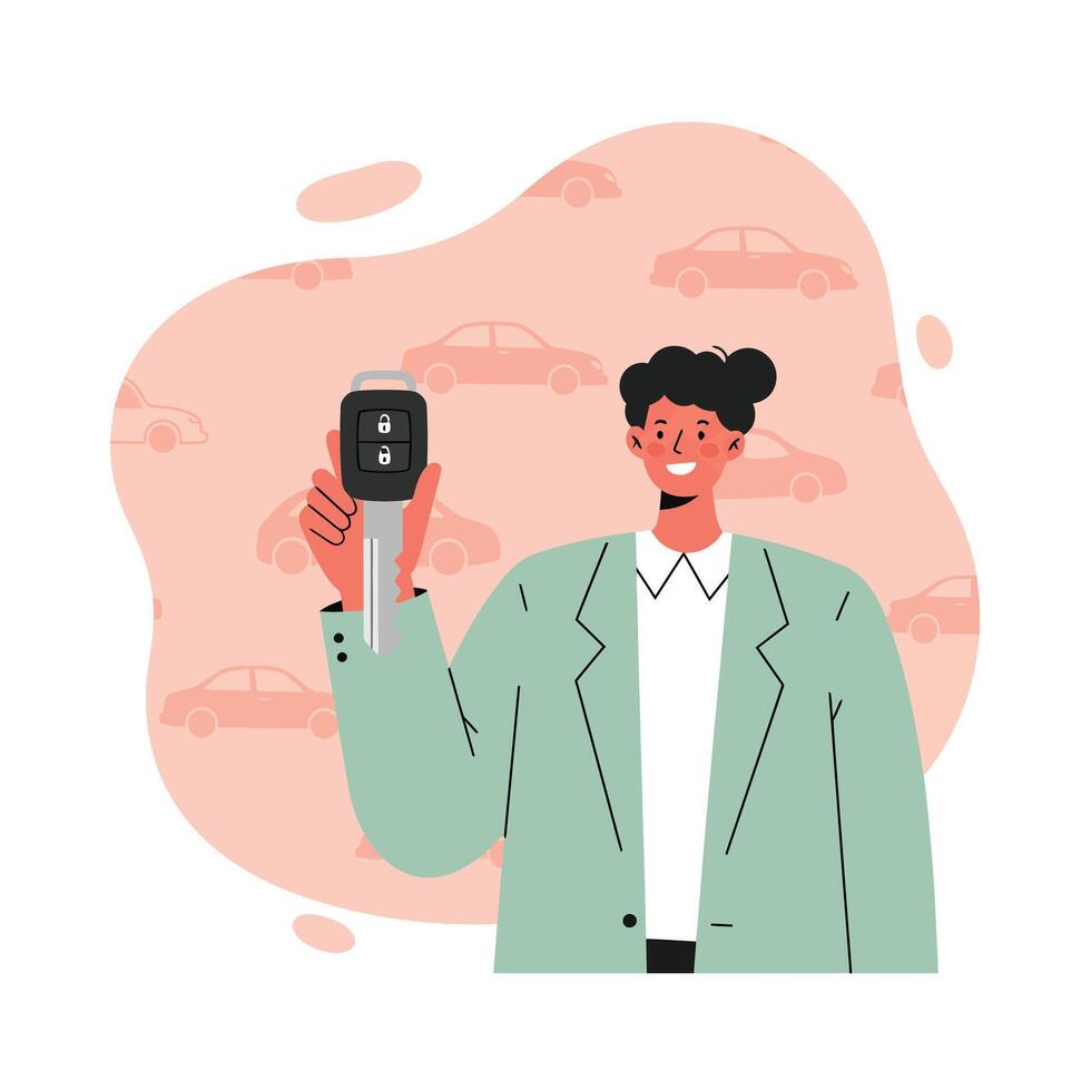 Woman holding car key fob smiling with car icons in background illustration vector