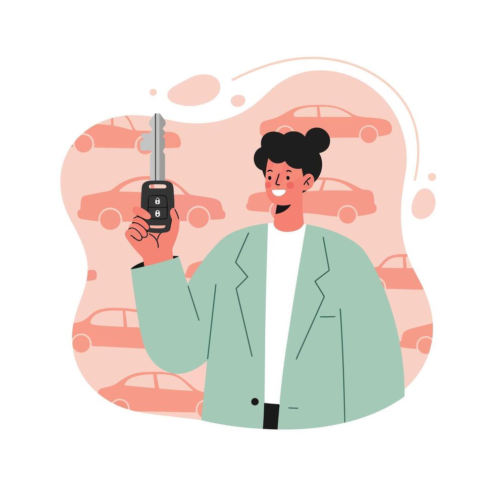 Person holding car key illustration with green jacket and car background in modern style vector