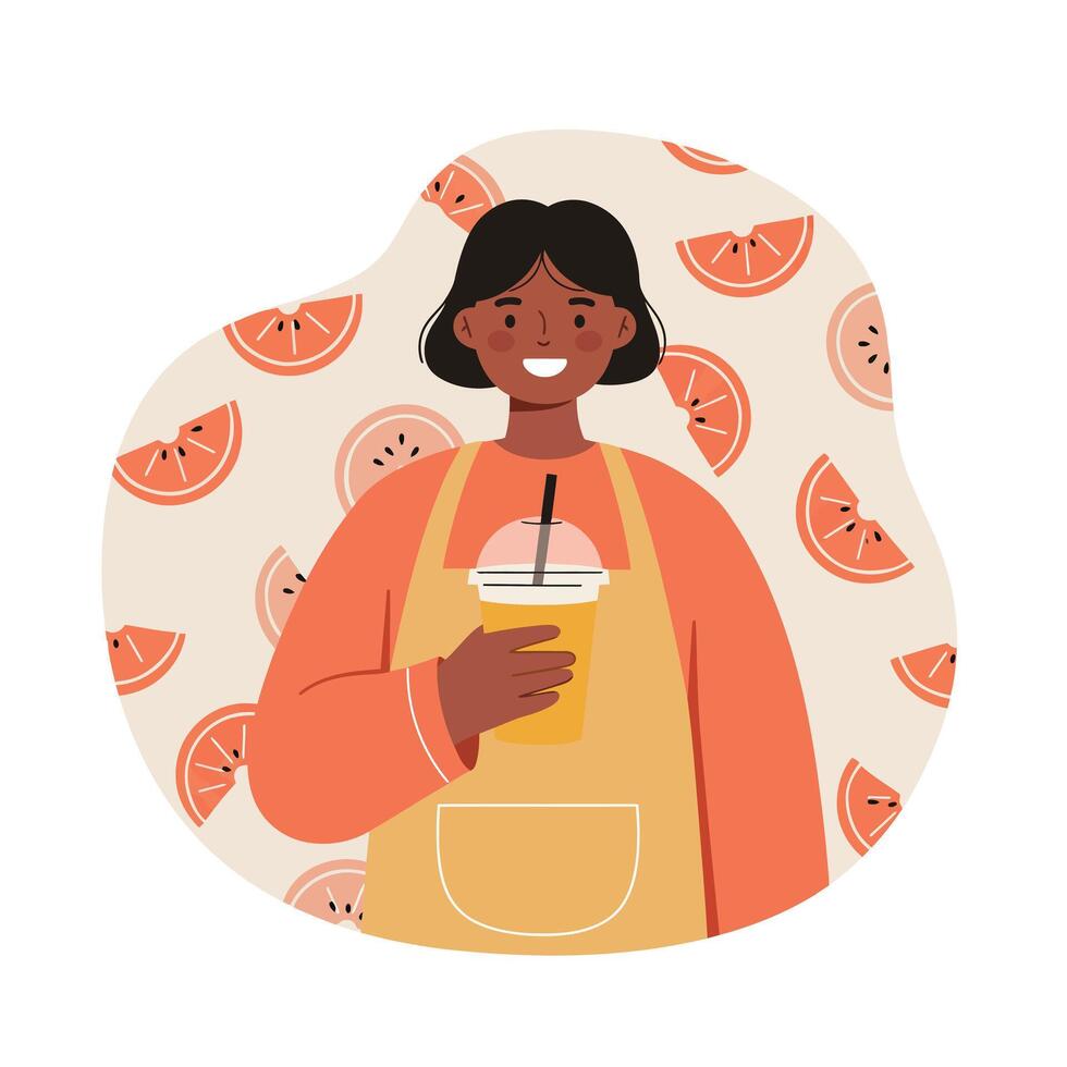 Young woman holding refreshing citrus drink smiling with orange fruit pattern background illustration vector