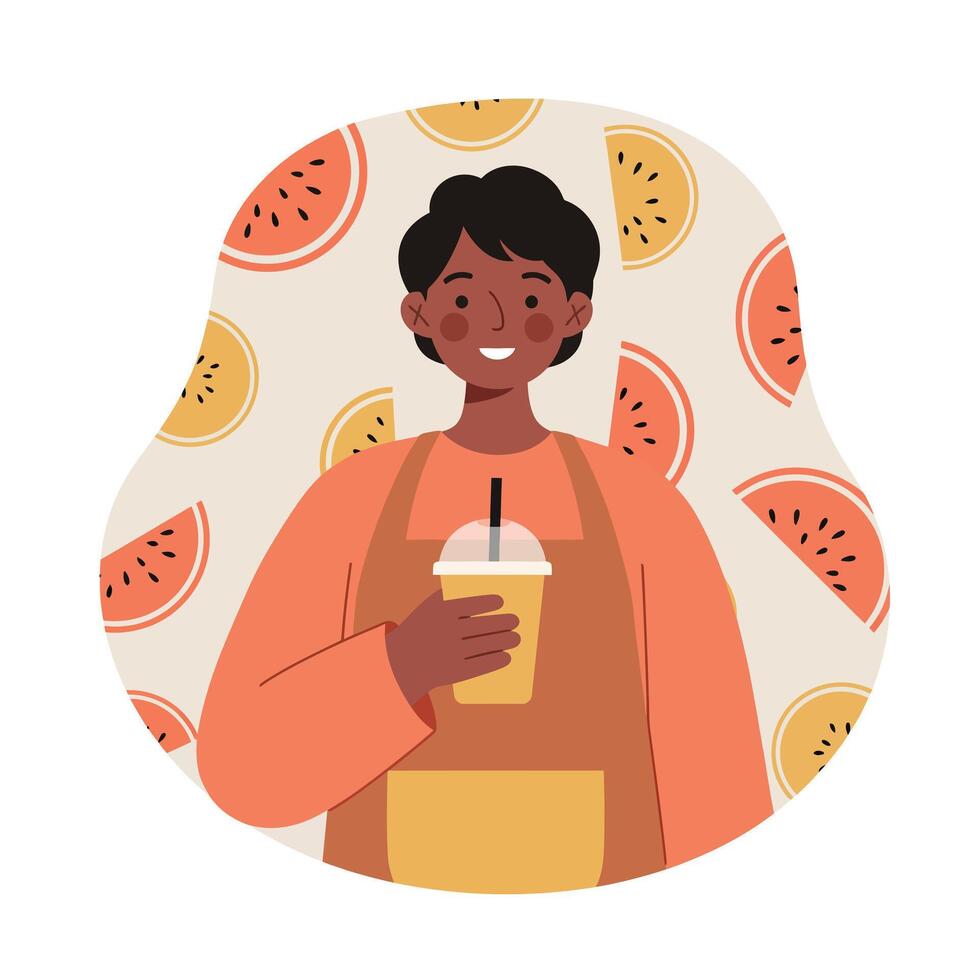 Smiling person holding cold drink cup with straw in colorful fruit patterned background illustration vector