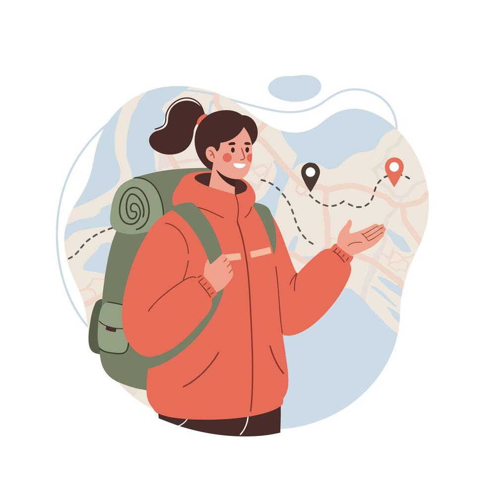 Female hiker with backpack pointing at route on map illustration in outdoor adventure concept vector