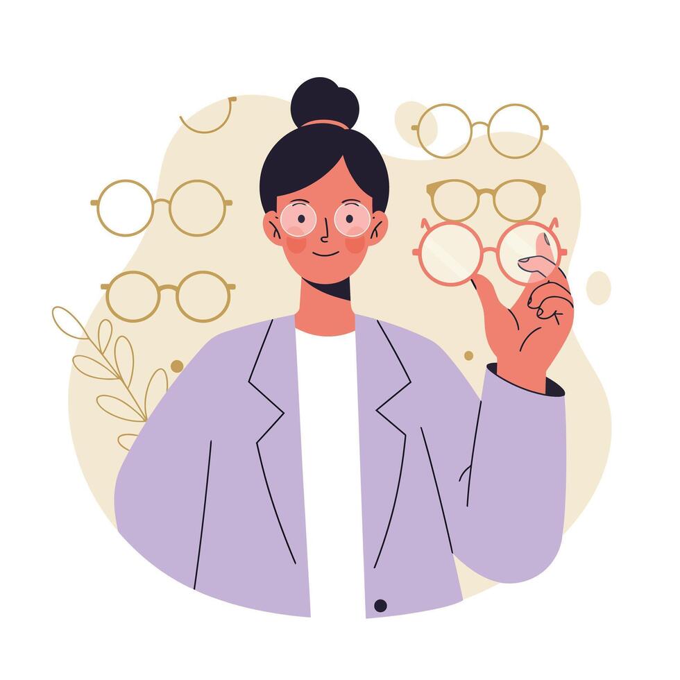 Woman choosing eyeglasses with various styles and frames in background illustration vector