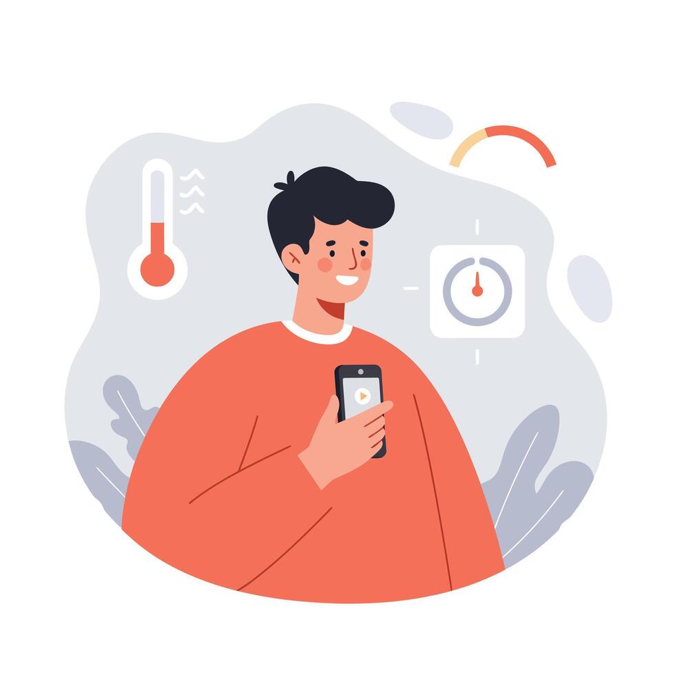Young man using smartphone to monitor temperature and time with red sweater in digital health concept illustration vector