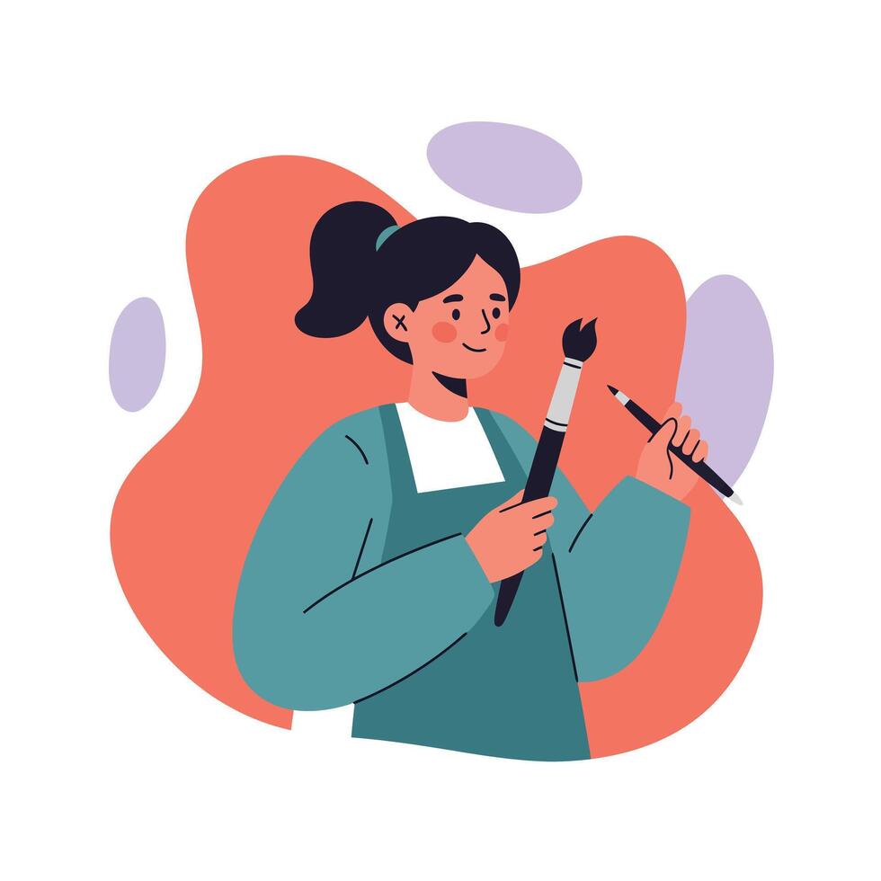 Female artist holding paintbrushes with abstract colorful background illustration vector