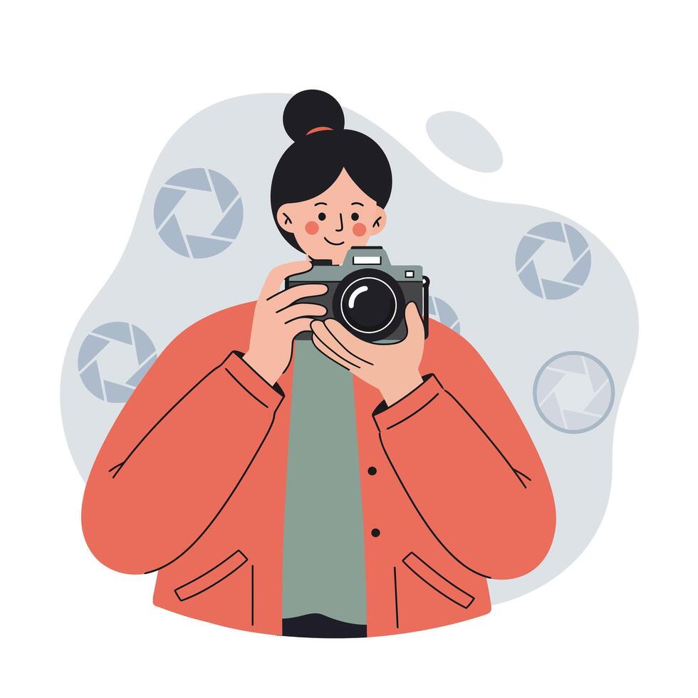 Woman holding camera taking photograph in casual outfit illustration vector