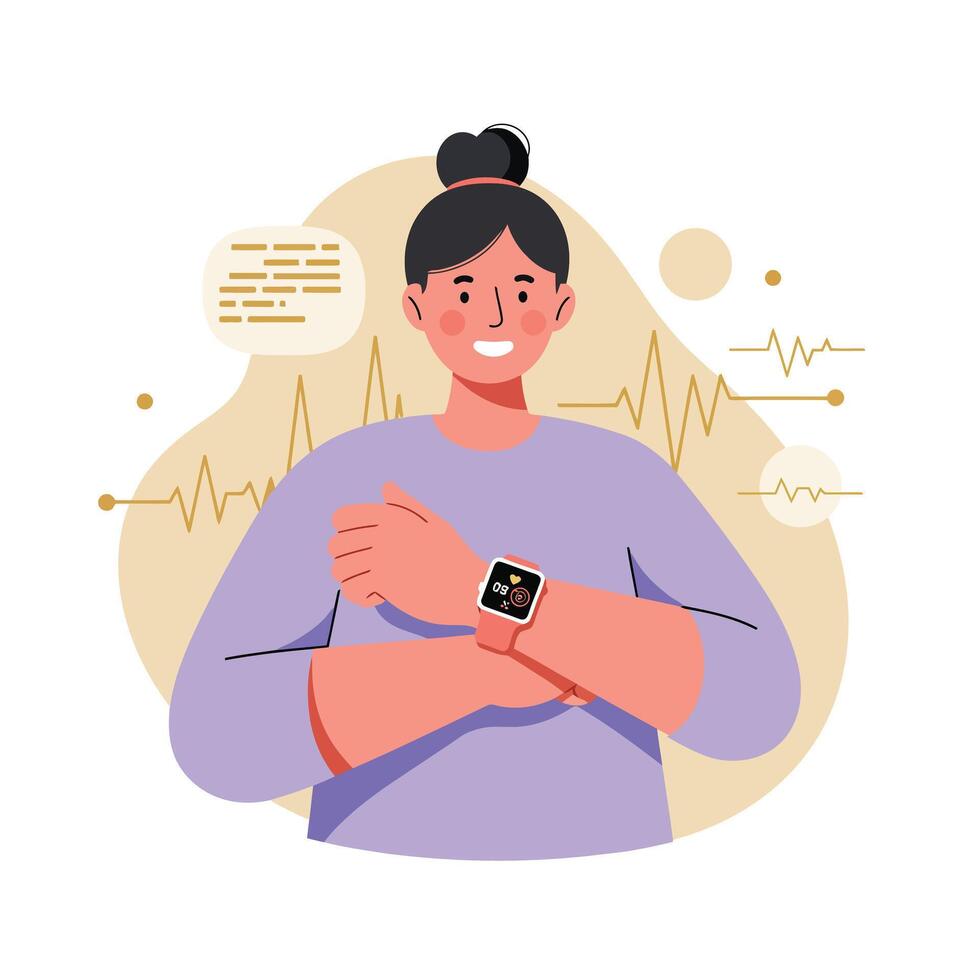 Woman checking smart watch with health data and pulse monitoring technology illustration in purple outfit vector