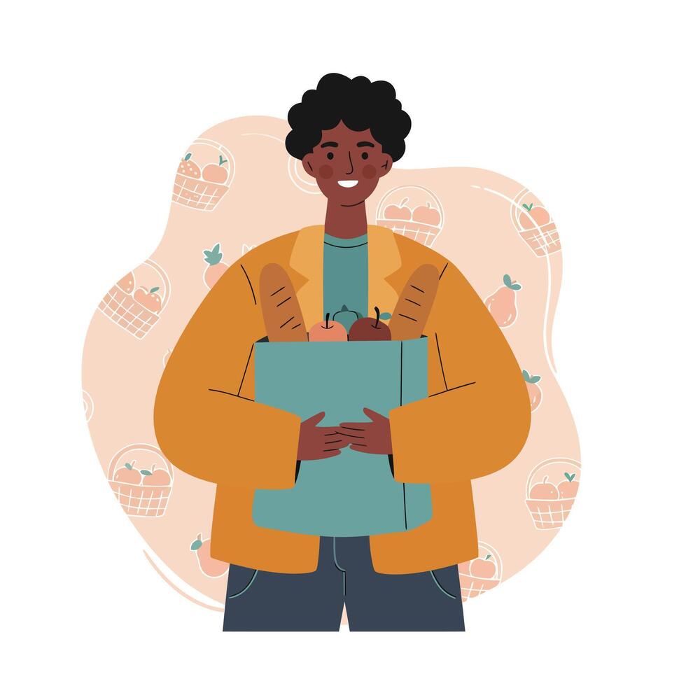 Person carrying grocery bag with bread and fruits in casual outfit smiling illustration vector