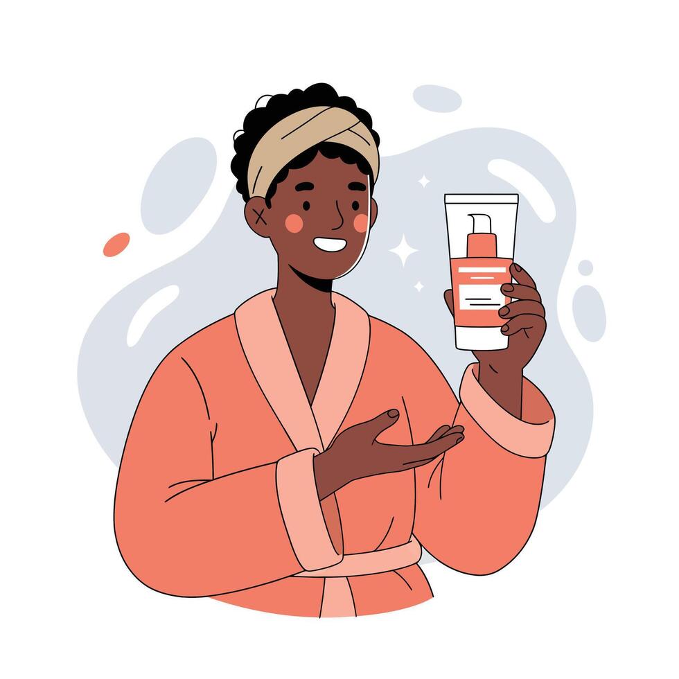 Woman in bathrobe presenting skincare cream in clear container with orange label illustration vector
