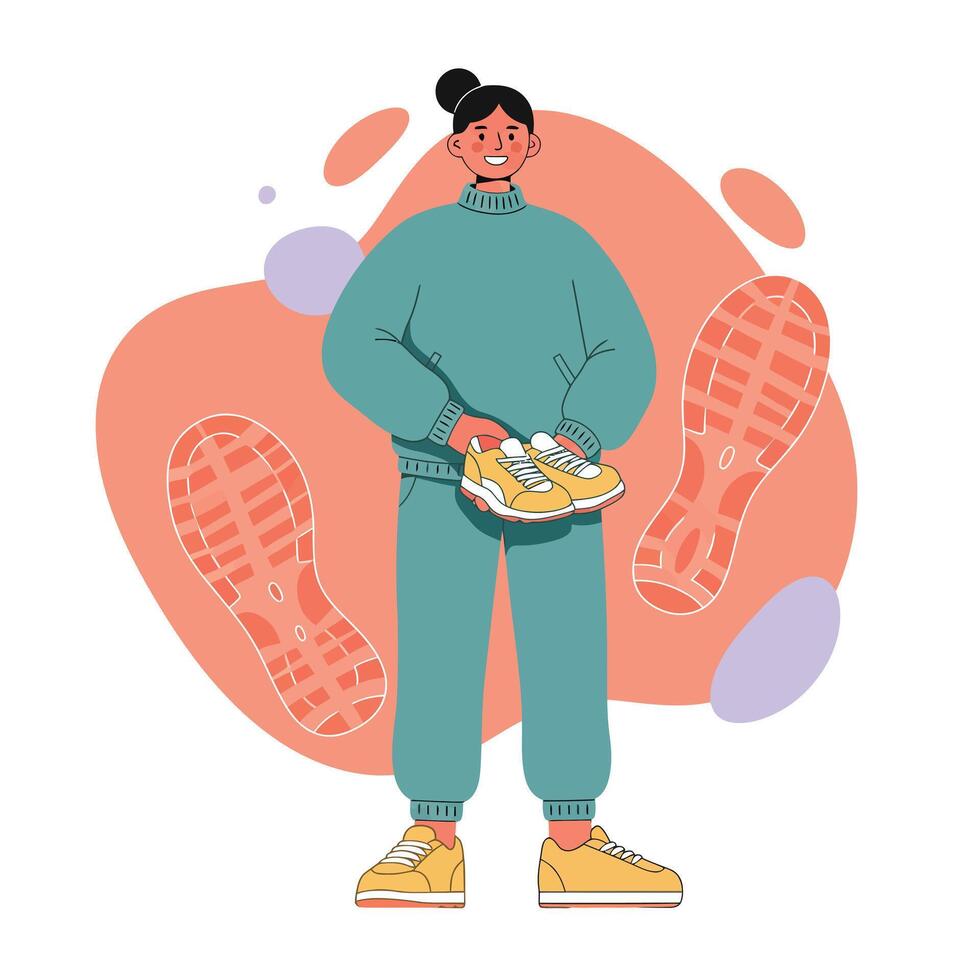 Woman holding sneakers with shoe prints background casual outfit and confident pose illustration vector