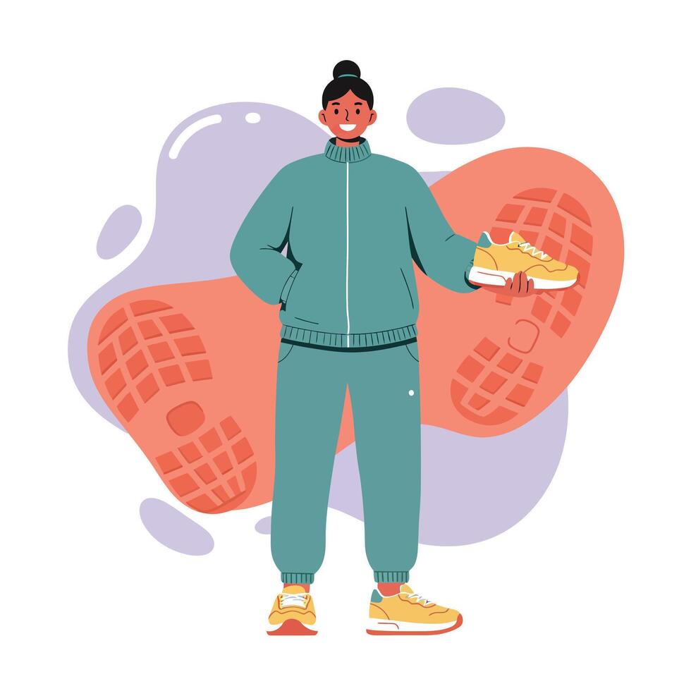 Woman in green sportswear holding yellow sneaker with shoe prints background illustration vector