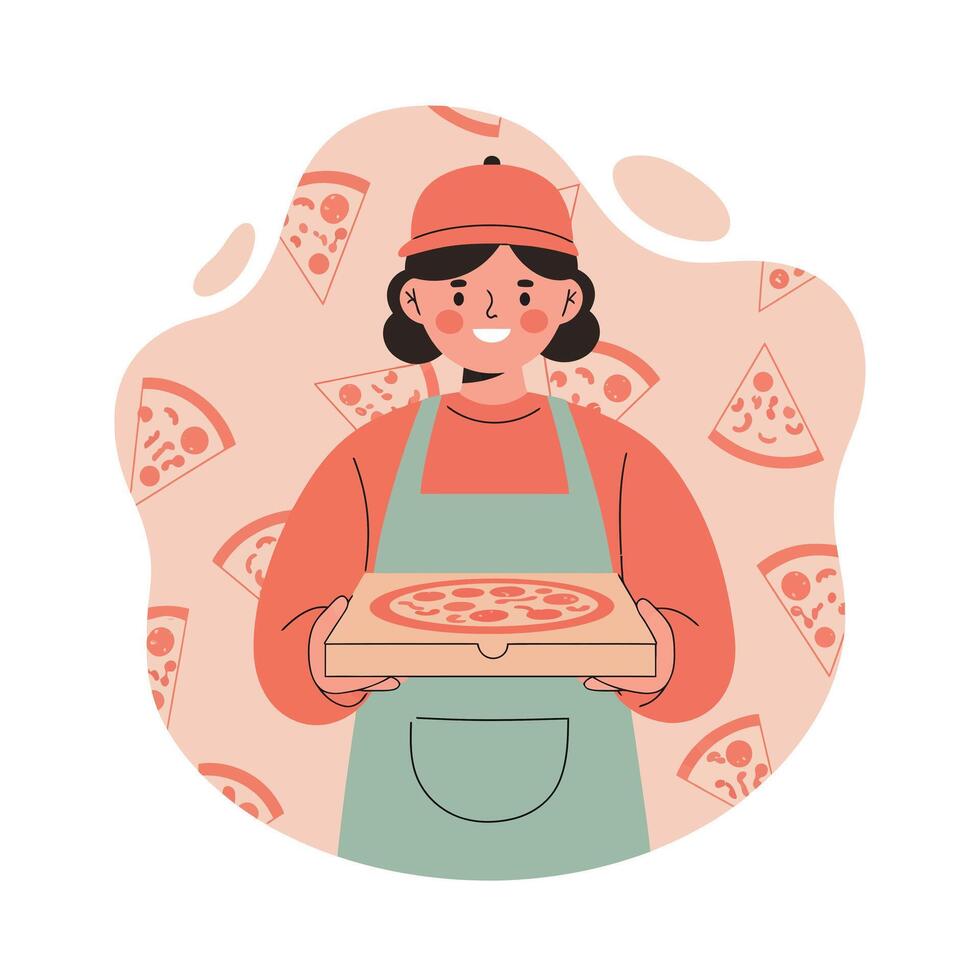 Pizza delivery person holding pizza box in uniform with background of pizza slices illustration vector