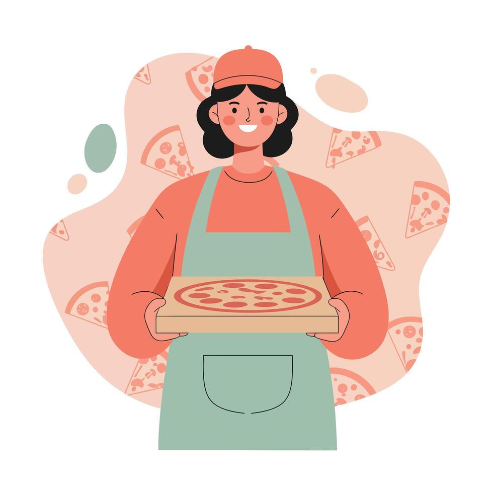 Female pizza chef holding freshly baked pizza with smiling face in casual uniform illustration vector