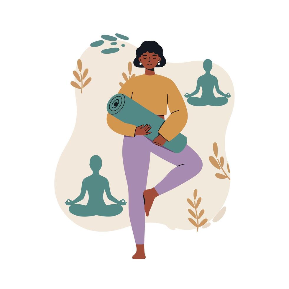 Woman practicing yoga with mat and meditating figures in calm minimalist style illustration vector