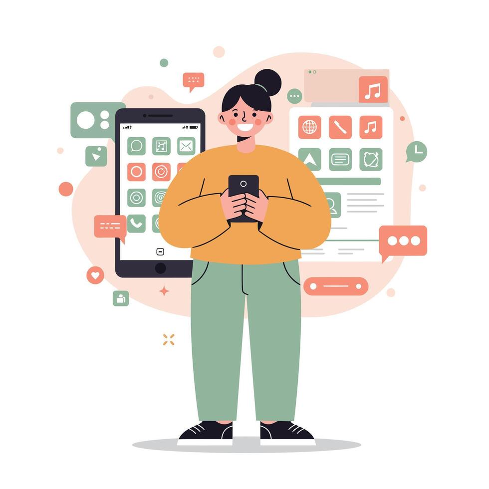 Young woman using smartphone with app icons and social media notifications in casual outfit illustration vector