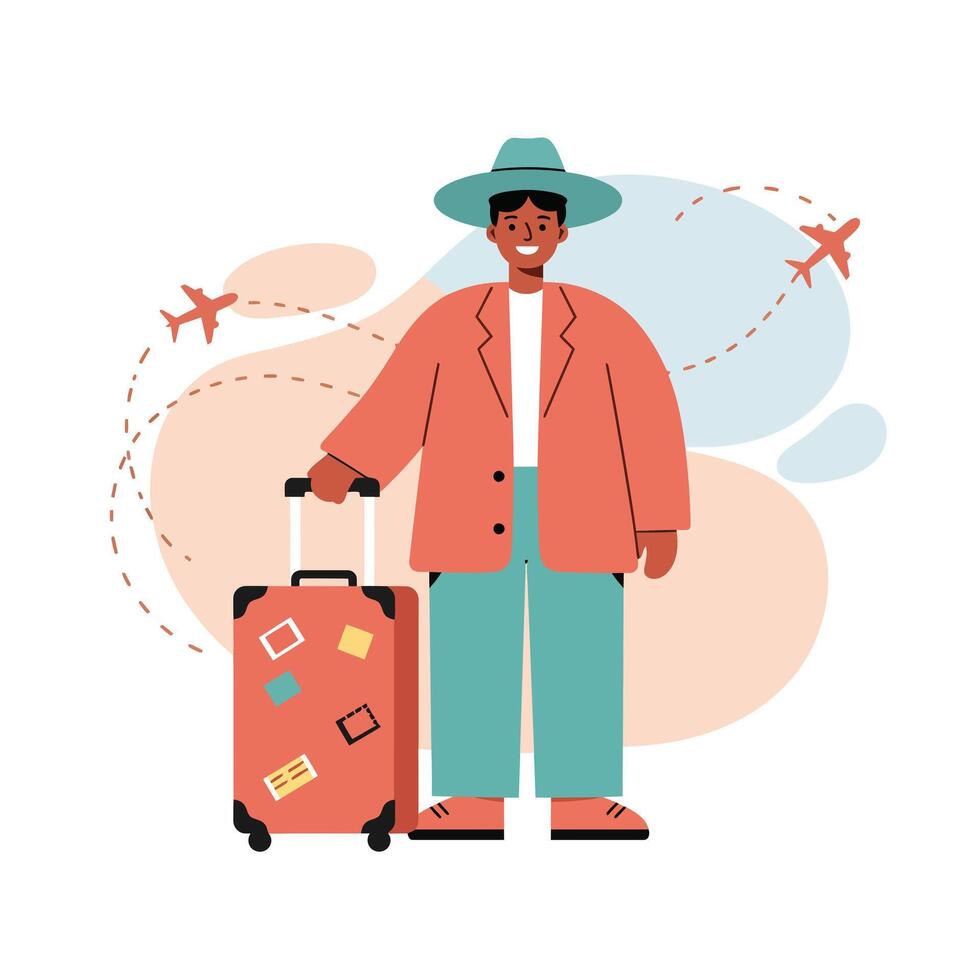 Man standing with suitcase and hat ready for travel with airplane icons and flight paths background illustration vector