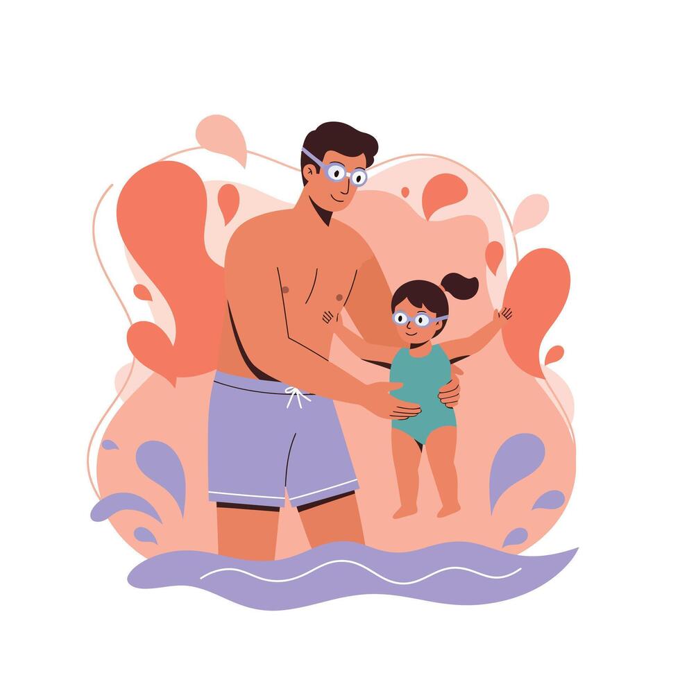 Father and daughter enjoying swimming pool water splash playful bonding moment illustration vector